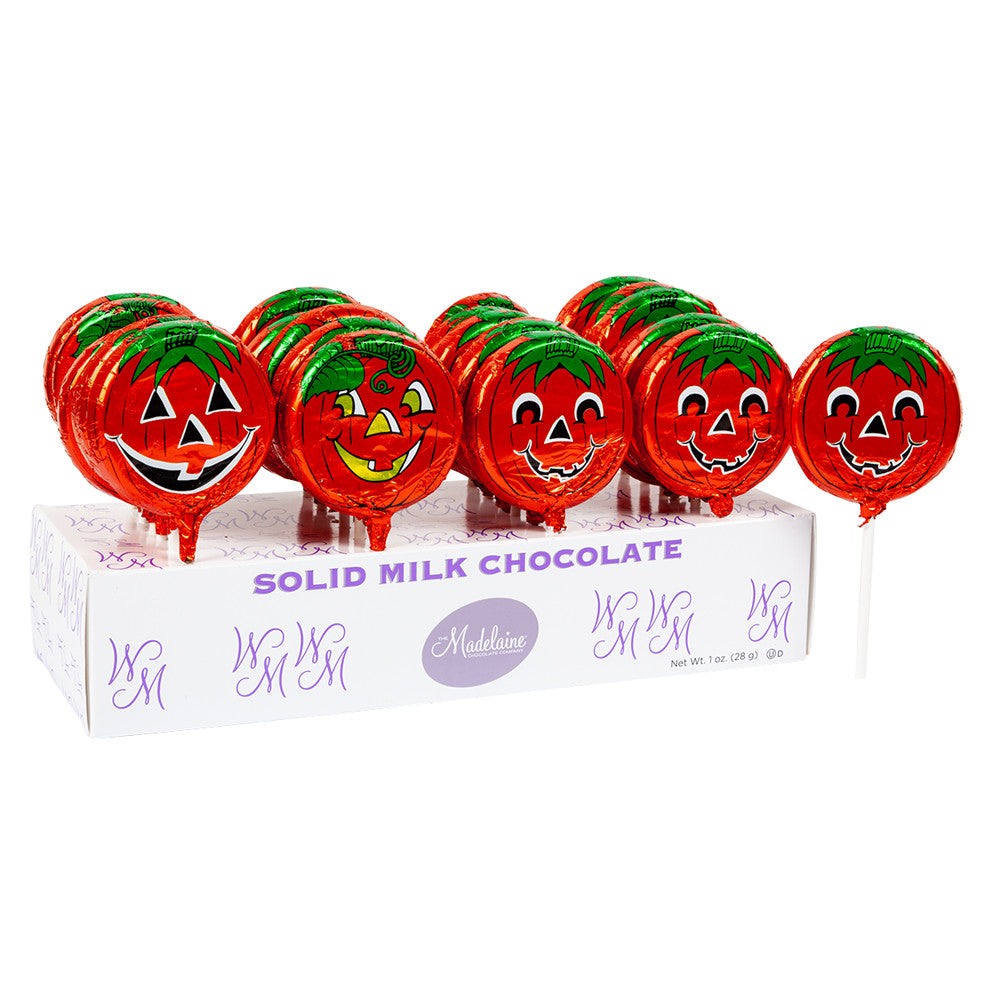 Wholesale Madelaine Milk Chocolate Foiled Pumpkin 1 Oz Lollipop- Bulk