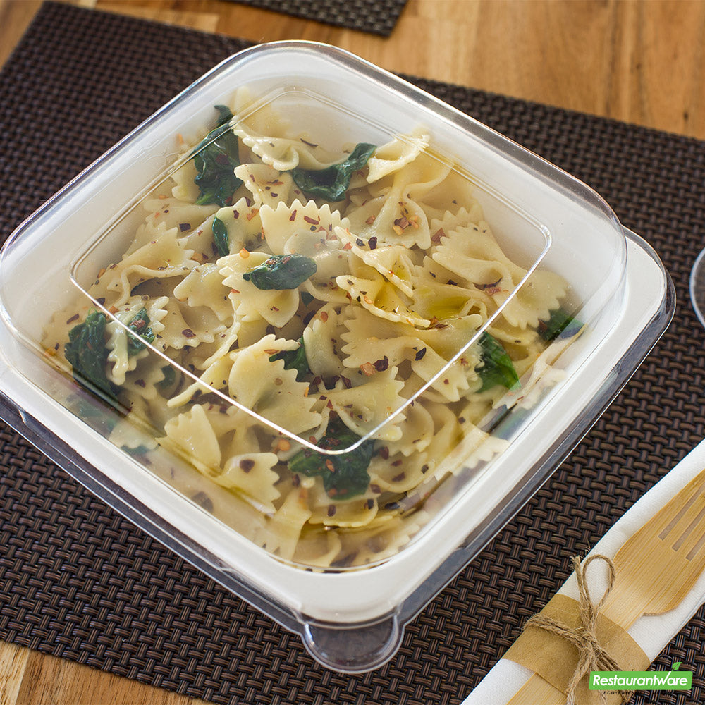 Wholesale Restaurantware Pulp Tek Square Clear Plastic Dome Lid - Fits 24, 32 and 42 oz Bagasse Tall Bowl- Bulk
