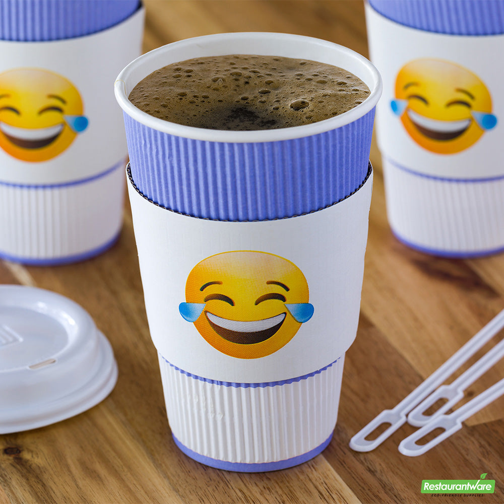 Wholesale Restaurantware Restpresso White Paper Crying Laughing Emoji Coffee Cup Sleeve - Fits 12 / 16 / 20 oz Cups- Bulk