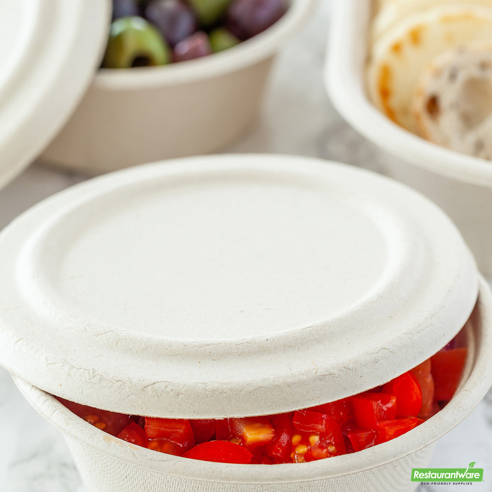 Wholesale Restaurantware Pulp Tek Round Natural Sugarcane / Bagasse Flat Lid - Fits 9 oz Take Out Bowl- Bulk