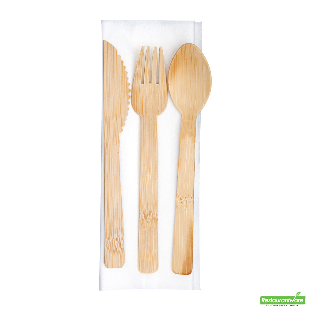 Wholesale Restaurantware Natural Bamboo Disposable Flatware Set - with White Napkin - 6 3/4" X 3 1/4" X 3/4"- Bulk
