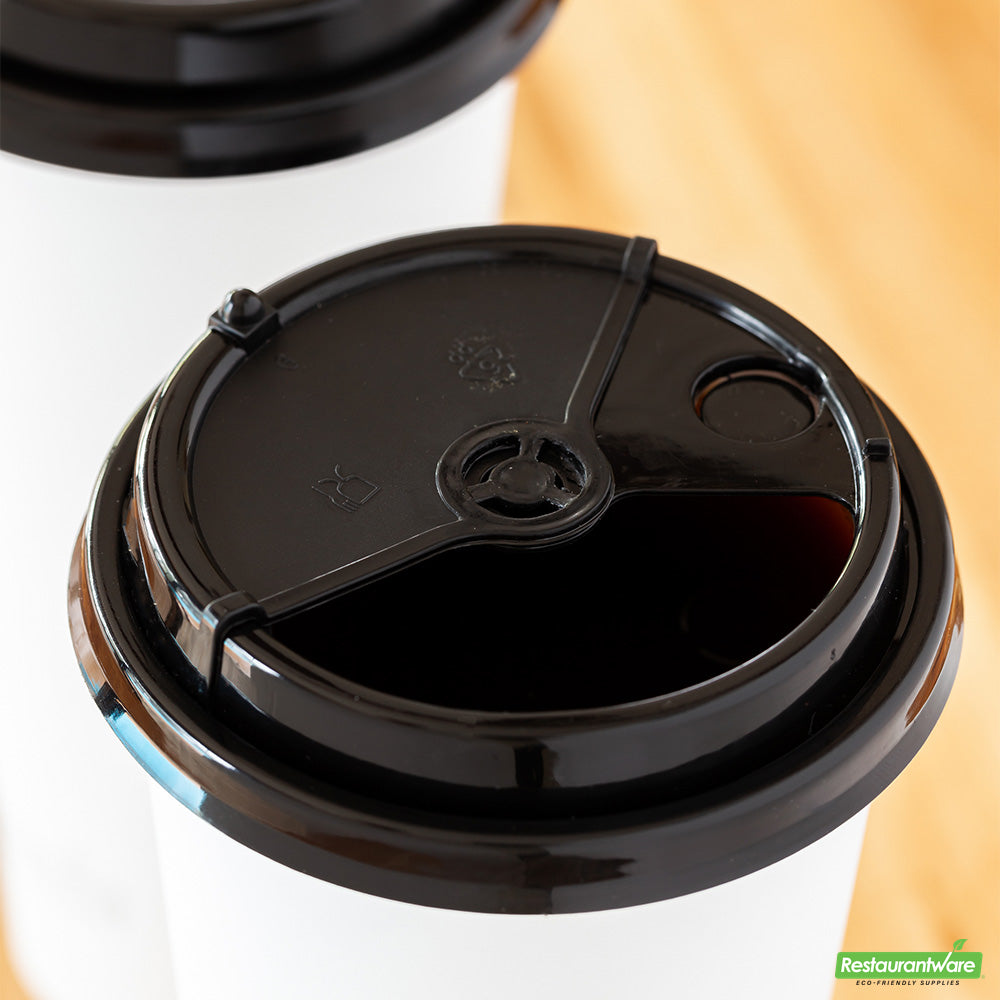 Wholesale Restaurantware Black Plastic 2-in-1 Straw or Sip Coffee Cup Lid - Fits 8, 12, 16 and 20 Oz- Bulk