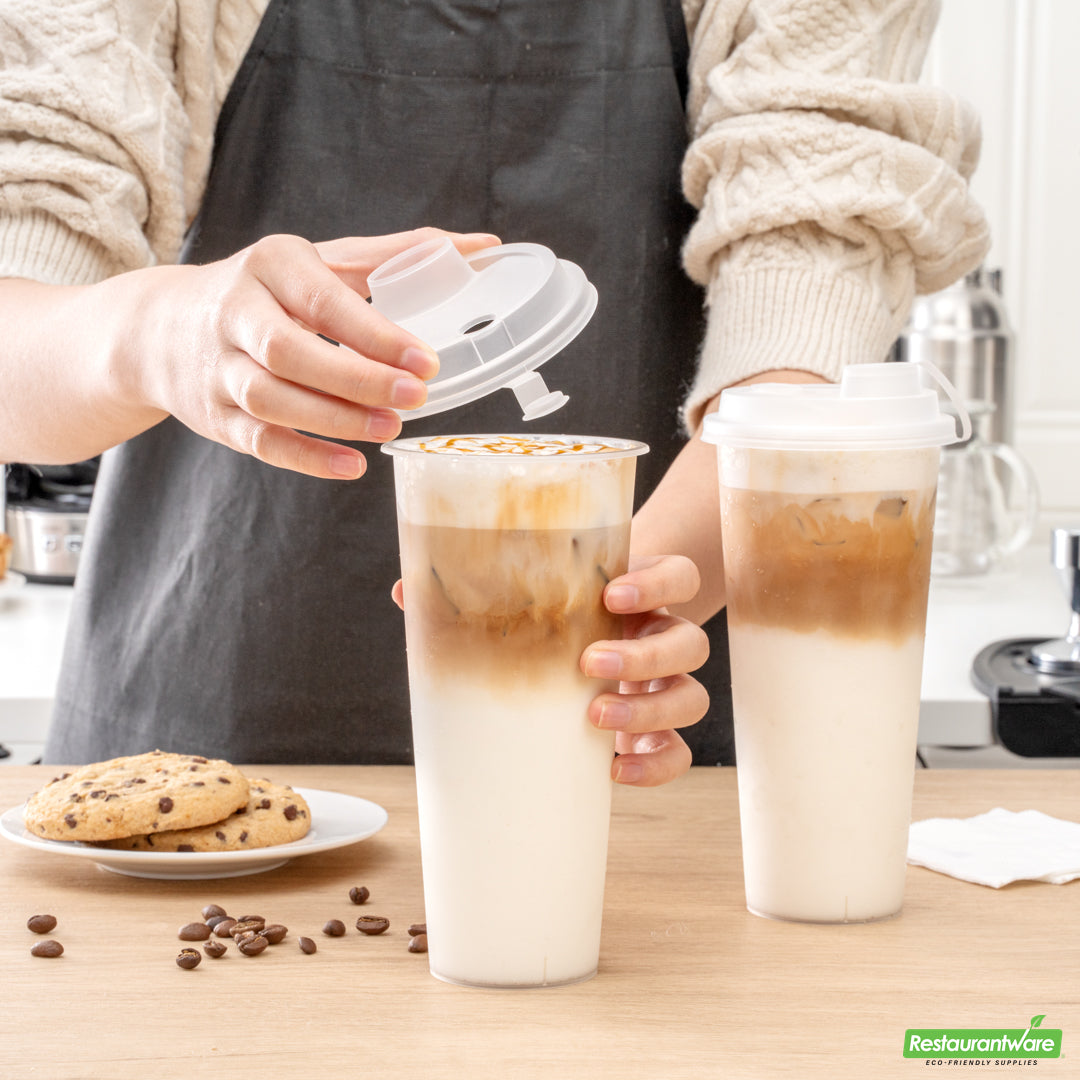 Wholesale Restaurantware Bev Tek Clear Plastic 2-in-1 Straw or Sippy Cup Lid - with Two Plugs, Fits 12, 16 and 24 Oz- Bulk