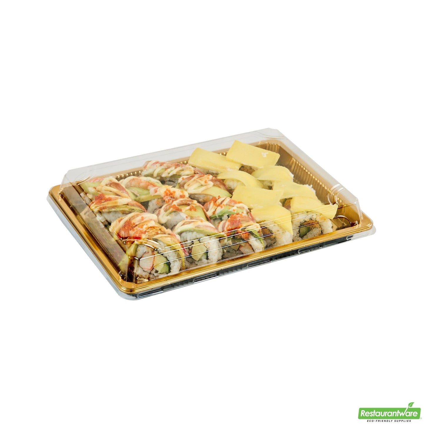 Wholesale Restaurantware Roku Rectangle Gold Plastic Take Out Sushi Tray - with Clear Lid - 10" X 7 1/4" X 1 3/4" - 100 Count Box- Bulk