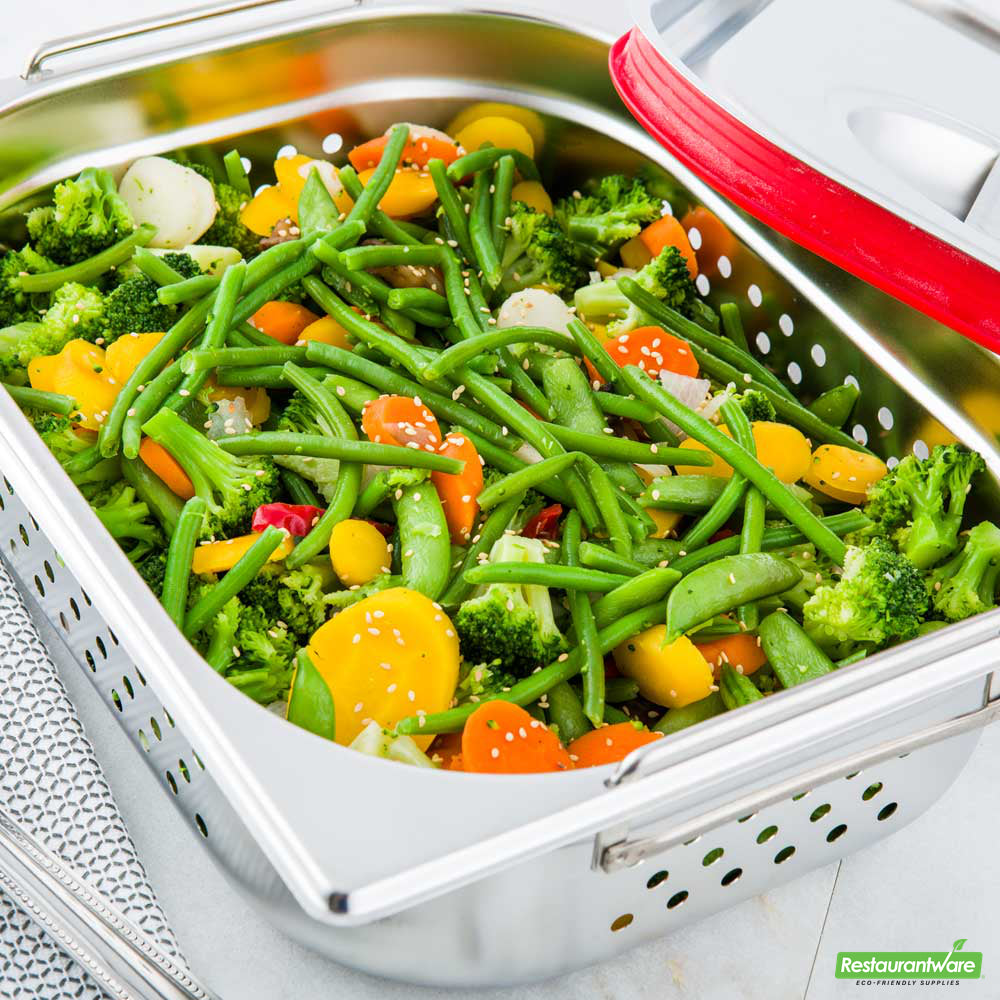 Wholesale Restaurantware Met Lux Rectangle Stainless Steel 1/2 Size Steam Table Pan 4 Inch Deep - Perforated, Anti Jam, Collapsible Handles- Bulk