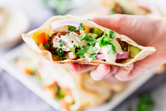 Baked Falafel Pitas with Hummus and Tahini Sauce