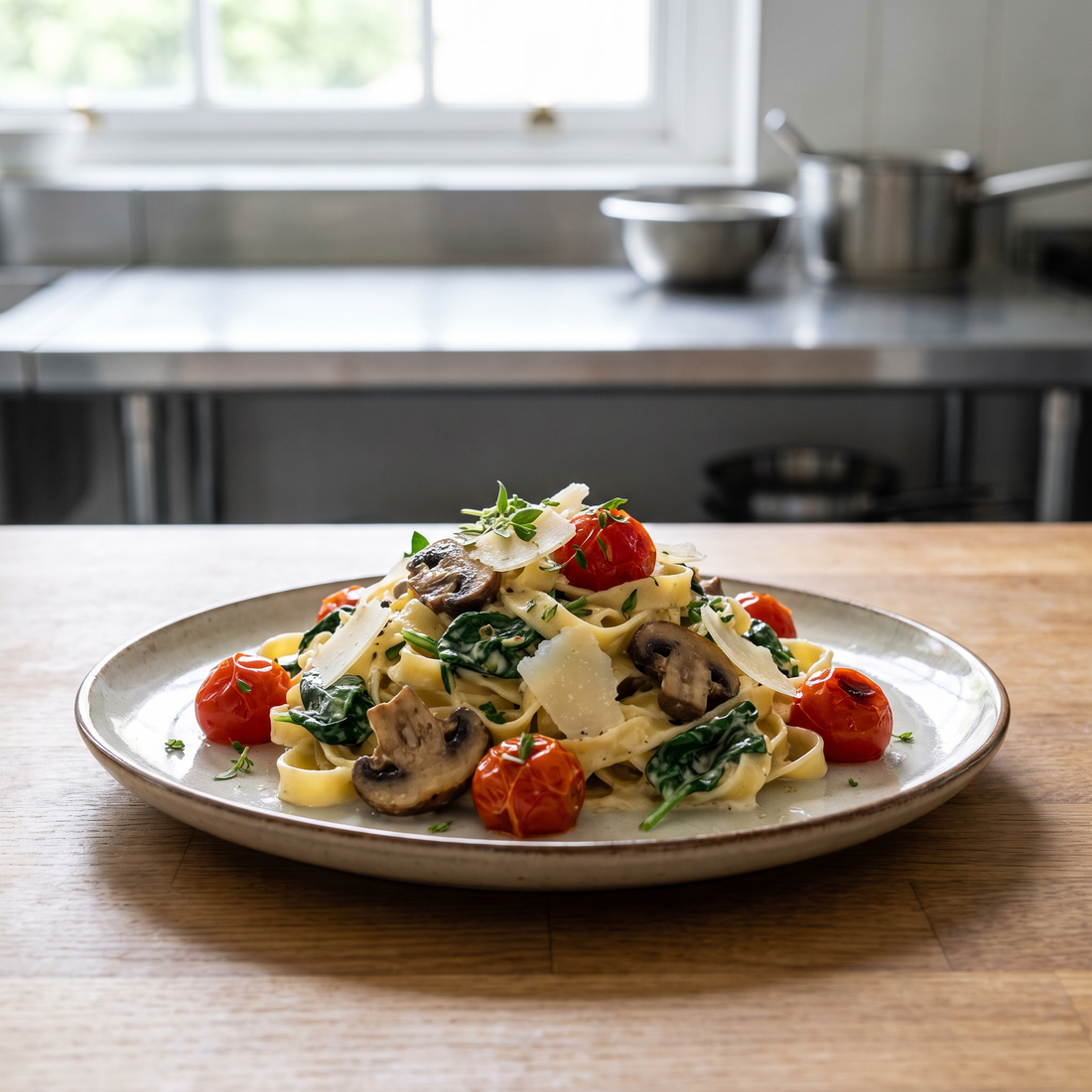 Creamy Garlic Pasta with Spinach and Mushrooms