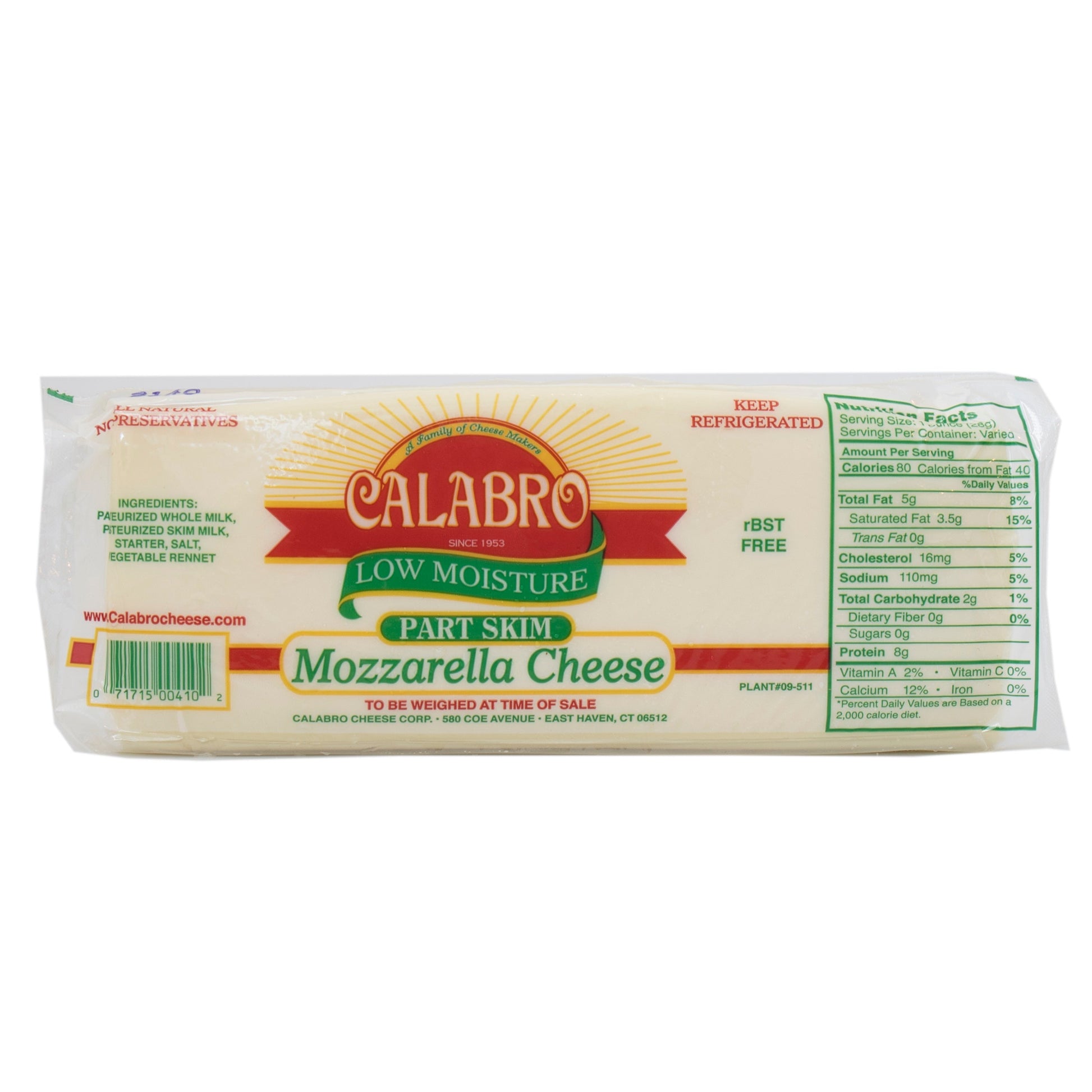 Wholesale Calabro Mozzarella Part Skim Cheese Loaf 5lb- Bulk
