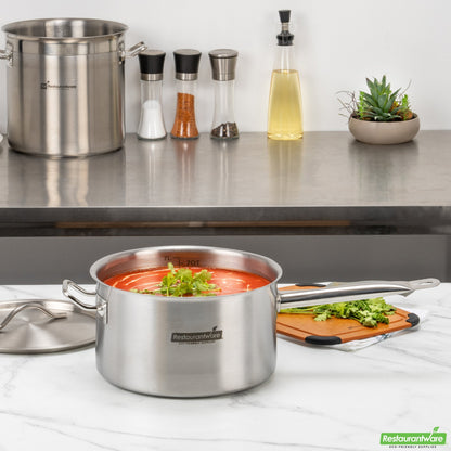 Wholesale Restaurantware Met Lux 7.5 Qt Stainless Steel Sauce Pan - Induction Ready, Dual Handle- Bulk