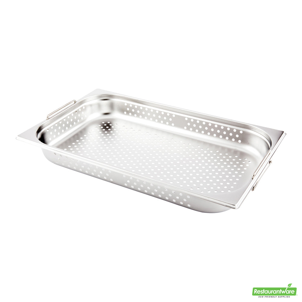Wholesale Restaurantware Met Lux Rectangle Stainless Steel Full Size Steam Table Pan 2.5 Inch Deep - Perforated, Anti Jam, Collapsible Handles- Bulk