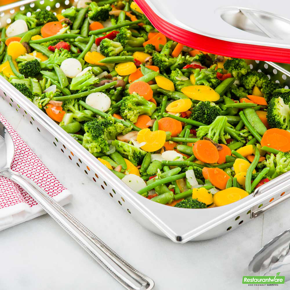 Wholesale Restaurantware Met Lux Rectangle Stainless Steel Full Size Steam Table Pan 2.5 Inch Deep - Perforated, Anti Jam, Collapsible Handles- Bulk