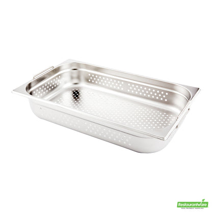 Wholesale Restaurantware Met Lux Rectangle Stainless Steel Full Size Steam Table Pan 4 Inch Deep - Perforated, Anti Jam, Collapsible Handles- Bulk
