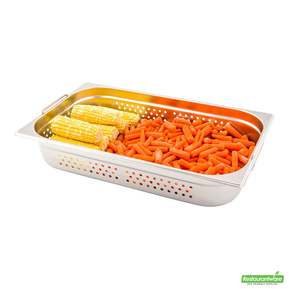 Wholesale Restaurantware Met Lux Rectangle Stainless Steel Full Size Steam Table Pan 4 Inch Deep - Perforated, Anti Jam, Collapsible Handles- Bulk