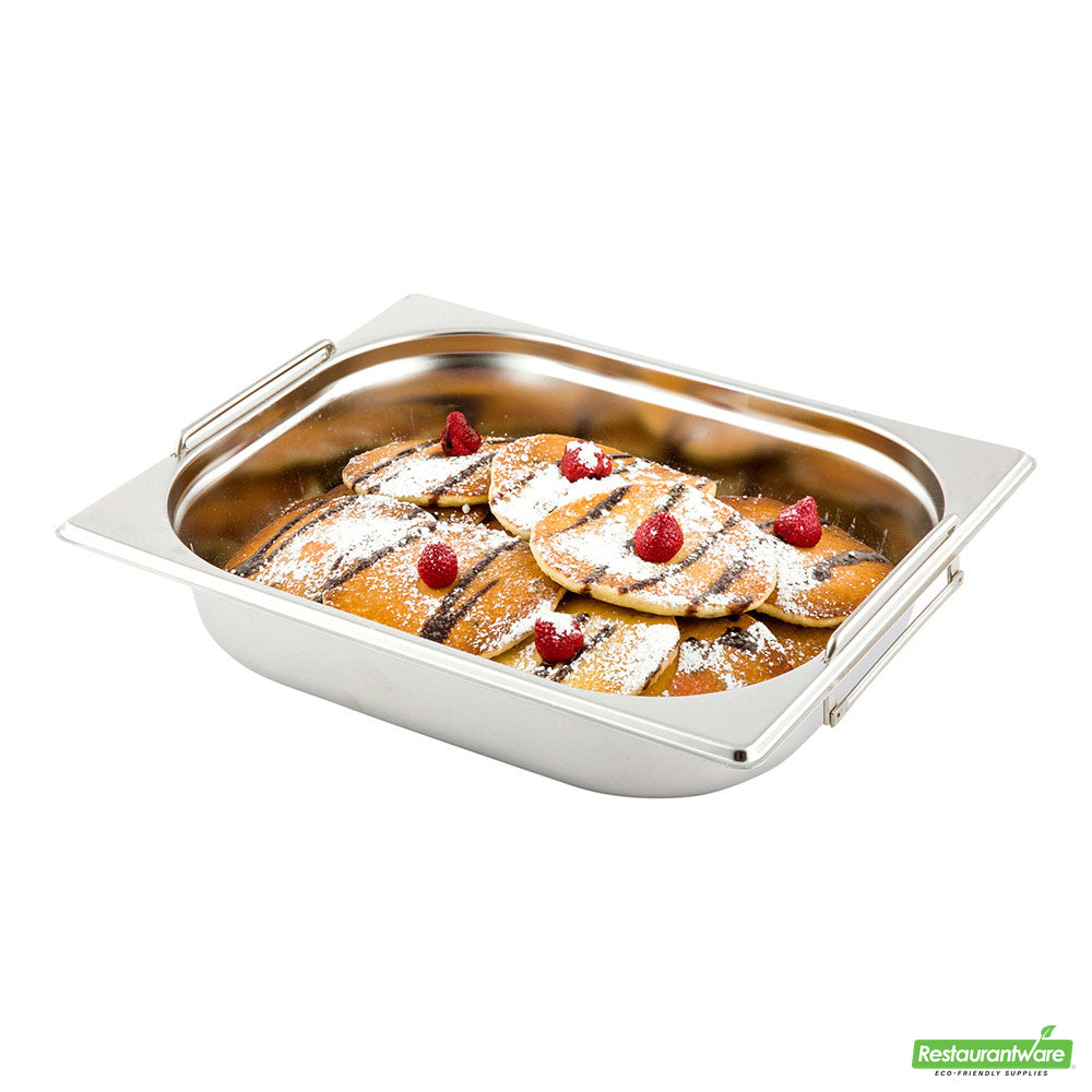 Wholesale Restaurantware Met Lux Rectangle Stainless Steel 1/2 Size Steam Table Pan 2.5 Inch Deep - Anti Jam, Collapsible Handles- Bulk