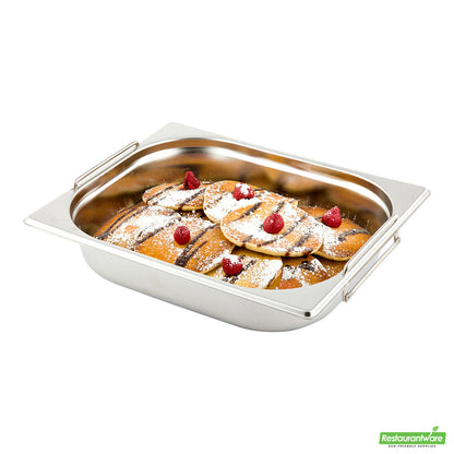 Wholesale Restaurantware Met Lux Rectangle Stainless Steel 1/2 Size Steam Table Pan 2.5 Inch Deep - Anti Jam, Collapsible Handles- Bulk