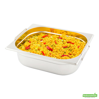 Wholesale Restaurantware Met Lux Rectangle Stainless Steel 1/2 Size Steam Table Pan 4 Inch Deep - Anti Jam, Collapsible Handles- Bulk