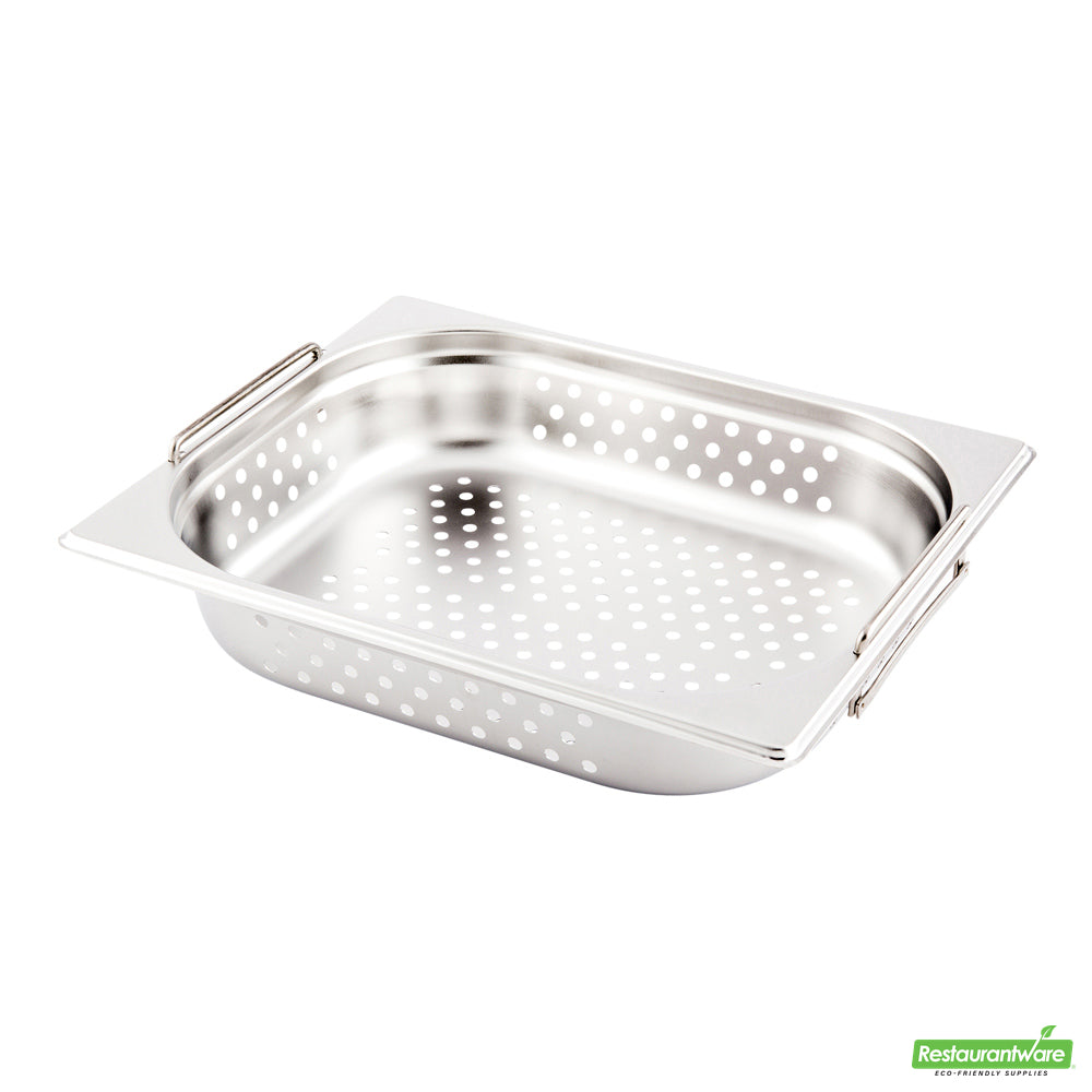 Wholesale Restaurantware Met Lux Rectangle Stainless Steel 1/2 Size Steam Table Pan 2.5 Inch Deep - Perforated, Anti Jam, Collapsible Handles- Bulk
