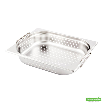 Wholesale Restaurantware Met Lux Rectangle Stainless Steel 1/2 Size Steam Table Pan 2.5 Inch Deep - Perforated, Anti Jam, Collapsible Handles- Bulk