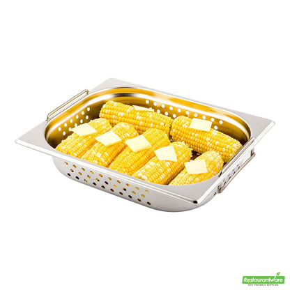 Wholesale Restaurantware Met Lux Rectangle Stainless Steel 1/2 Size Steam Table Pan 2.5 Inch Deep - Perforated, Anti Jam, Collapsible Handles- Bulk
