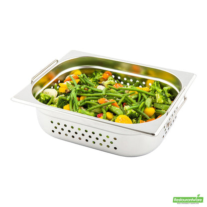 Wholesale Restaurantware Met Lux Rectangle Stainless Steel 1/2 Size Steam Table Pan 4 Inch Deep - Perforated, Anti Jam, Collapsible Handles- Bulk