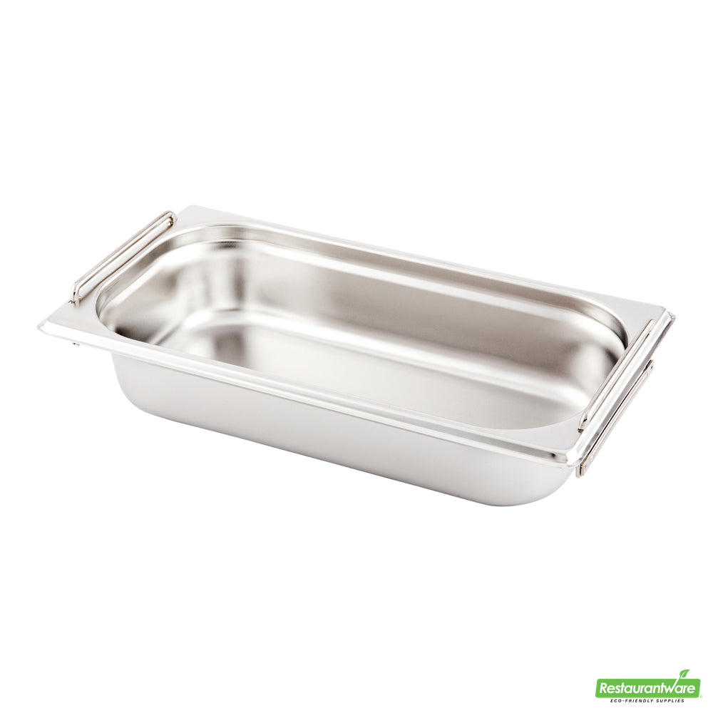 Wholesale Restaurantware Met Lux Rectangle Stainless Steel 1/3 Size Steam Table Pan 2.5 Inch Deep - Anti Jam, Collapsible Handles- Bulk