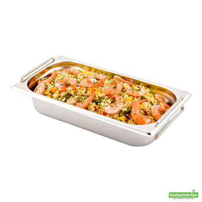 Wholesale Restaurantware Met Lux Rectangle Stainless Steel 1/3 Size Steam Table Pan 2.5 Inch Deep - Anti Jam, Collapsible Handles- Bulk