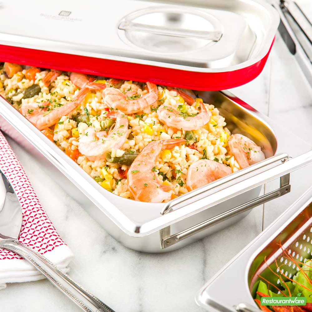 Wholesale Restaurantware Met Lux Rectangle Stainless Steel 1/3 Size Steam Table Pan 2.5 Inch Deep - Anti Jam, Collapsible Handles- Bulk