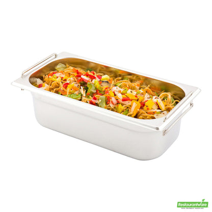 Wholesale Restaurantware Met Lux Rectangle Stainless Steel 1/3 Size Steam Table Pan 4 Inch Deep - Anti Jam, Collapsible Handles- Bulk
