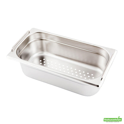 Wholesale Restaurantware Met Lux Rectangle Stainless Steel 1/3 Size Steam Table Pan 4 Inch Deep - Perforated, Anti Jam, Collapsible Handles- Bulk