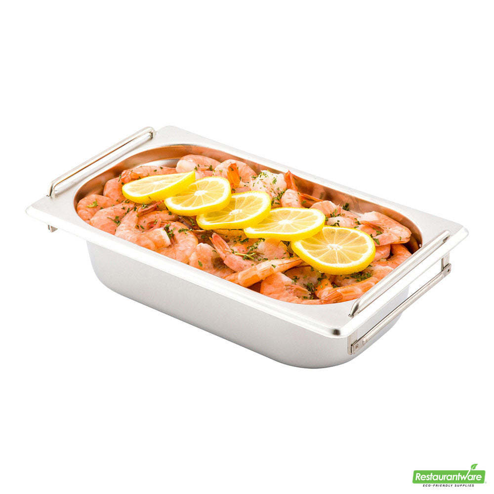 Wholesale Restaurantware Met Lux Rectangle Stainless Steel 1/4 Size Steam Table Pan - 2.5 Inch Deep - Anti Jam, Collapsible Handles- Bulk