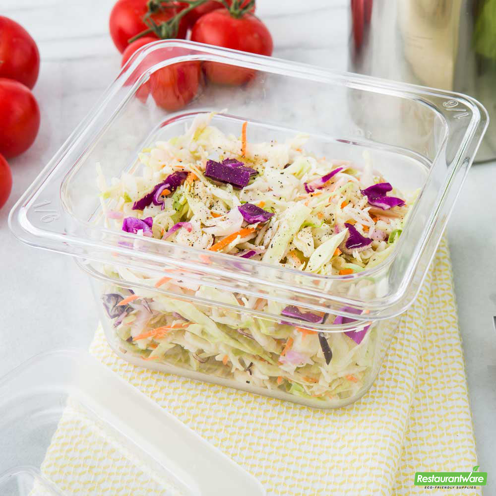 Wholesale Restaurantware Met Lux Rectangle Clear Plastic 1/6 Size Cold Food Storage Container - 4" Depth- Bulk