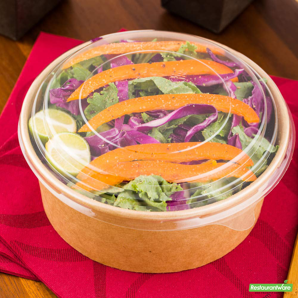 Wholesale Restaurantware Bio Tek Take Out Container Round Clear Plastic Lid - Fits 25 Oz- Bulk