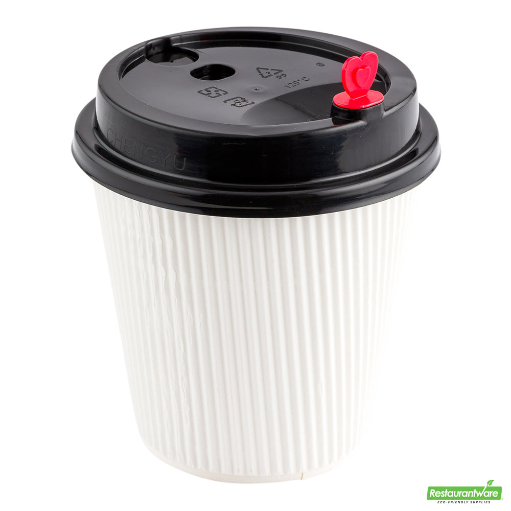 Wholesale Restaurantware Black Plastic Coffee Cup Lid - Fits 8, 12, 16 and 20 Oz, with Red Heart Plug- Bulk