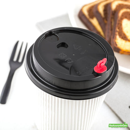 Wholesale Restaurantware Black Plastic Coffee Cup Lid - Fits 8, 12, 16 and 20 Oz, with Red Heart Plug- Bulk