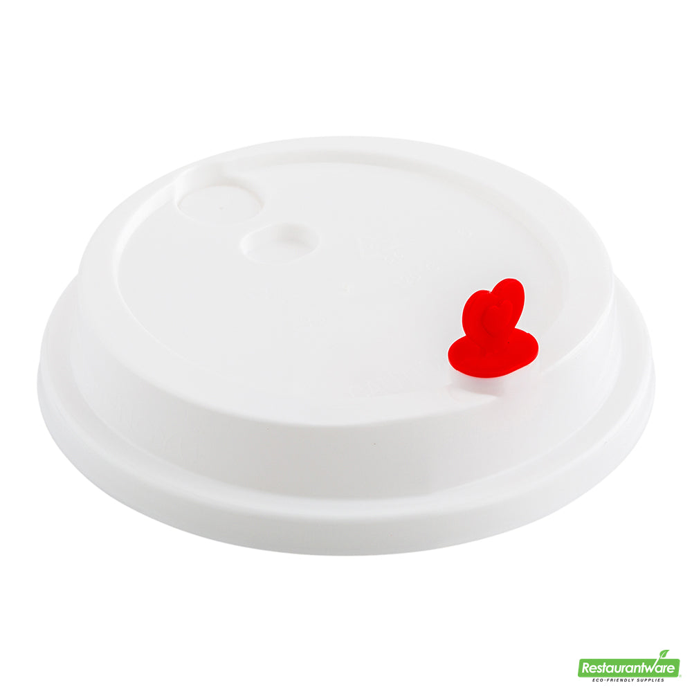 Wholesale Restaurantware White Plastic Coffee Cup Lid - Fits 8, 12, 16 and 20 Oz, with Red Heart Plug- Bulk