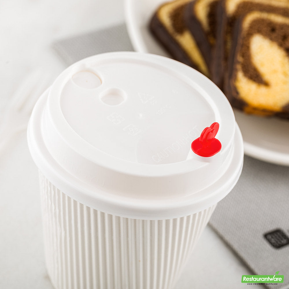 Wholesale Restaurantware White Plastic Coffee Cup Lid - Fits 8, 12, 16 and 20 Oz, with Red Heart Plug- Bulk