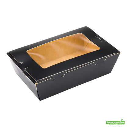 Wholesale Restaurantware Cafe Vision 21 Oz Black Paper Small Take Out Container - Hinge Lock - 6 1/4" X 4" X 1 3/4"- Bulk
