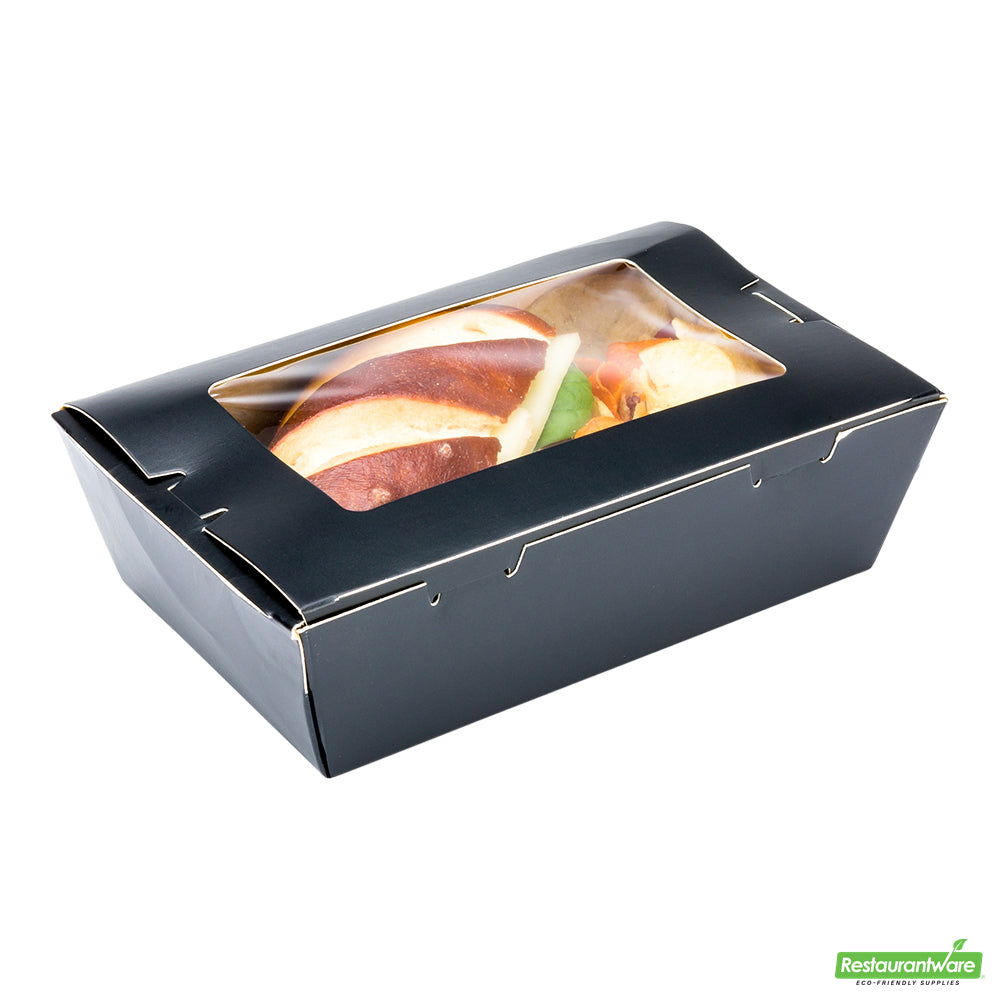 Wholesale Restaurantware Cafe Vision 21 Oz Black Paper Small Take Out Container - Hinge Lock - 6 1/4" X 4" X 1 3/4"- Bulk