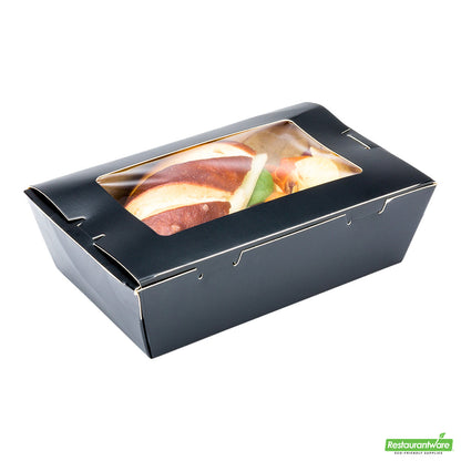 Wholesale Restaurantware Cafe Vision 21 Oz Black Paper Small Take Out Container - Hinge Lock - 6 1/4" X 4" X 1 3/4"- Bulk