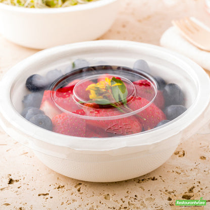 Wholesale Restaurantware Pulp Safe Round Clear Plastic Flat Lid - Fits 12 oz Bagasse Salad Bowl- Bulk