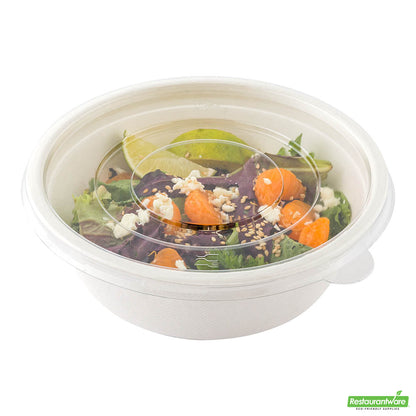 Wholesale Restaurantware Pulp Safe Round Clear Plastic Flat Lid - Fits 32 oz Bagasse Salad Bowl- Bulk