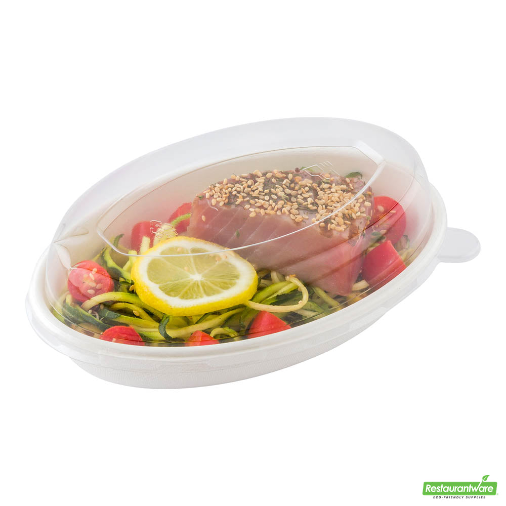 Wholesale Restaurantware Pulp Tek Oval Clear Plastic Dome Lid - Fits 18 Oz Oval Bagasse Salad Plate- Bulk