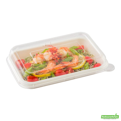 Wholesale Restaurantware Pulp Tek Rectangle Clear Plastic Dome Lid - Fits 12 and 16 Oz Bagasse Container- Bulk