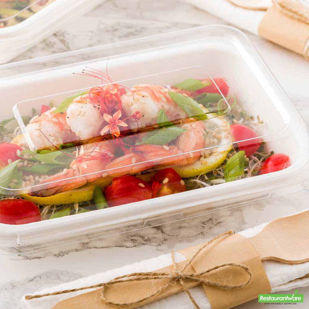 Wholesale Restaurantware Pulp Tek Rectangle Clear Plastic Dome Lid - Fits 12 and 16 Oz Bagasse Container- Bulk
