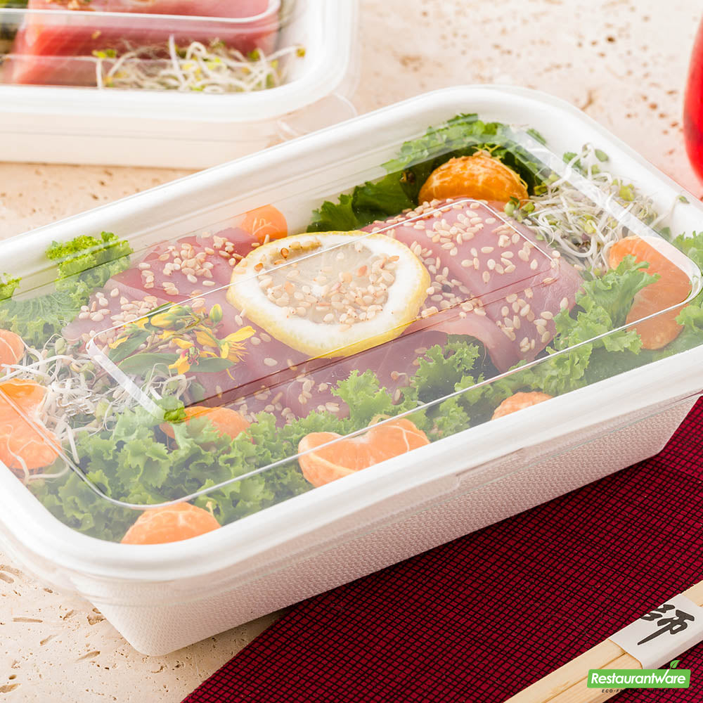 Wholesale Restaurantware Pulp Tek Rectangle Clear Plastic Flat Lid - Fits 24 and 32 Oz Bagasse Container- Bulk