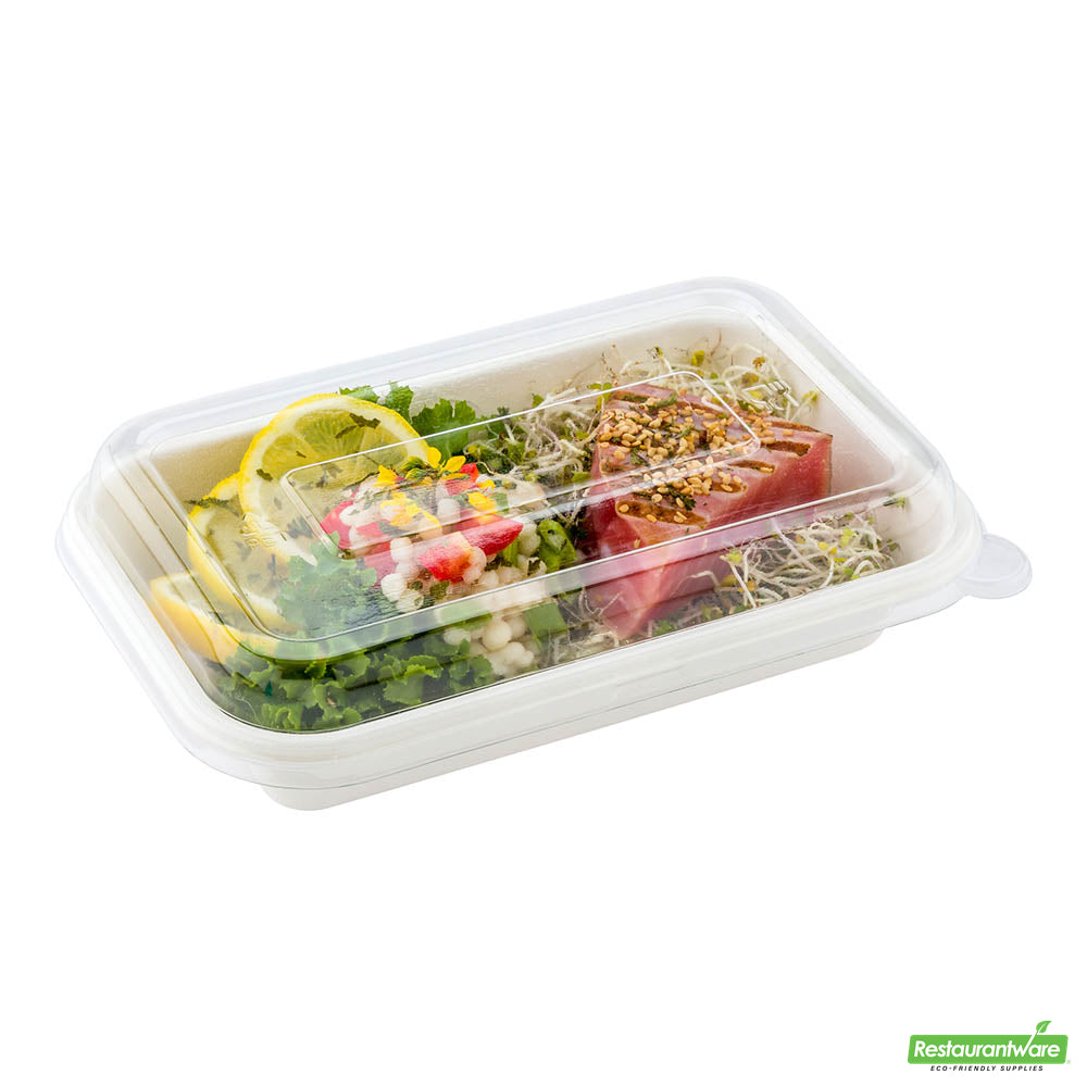 Wholesale Restaurantware Pulp Tek Rectangle Clear Plastic Dome Lid - Fits 24 and 32 Oz Bagasse Container- Bulk