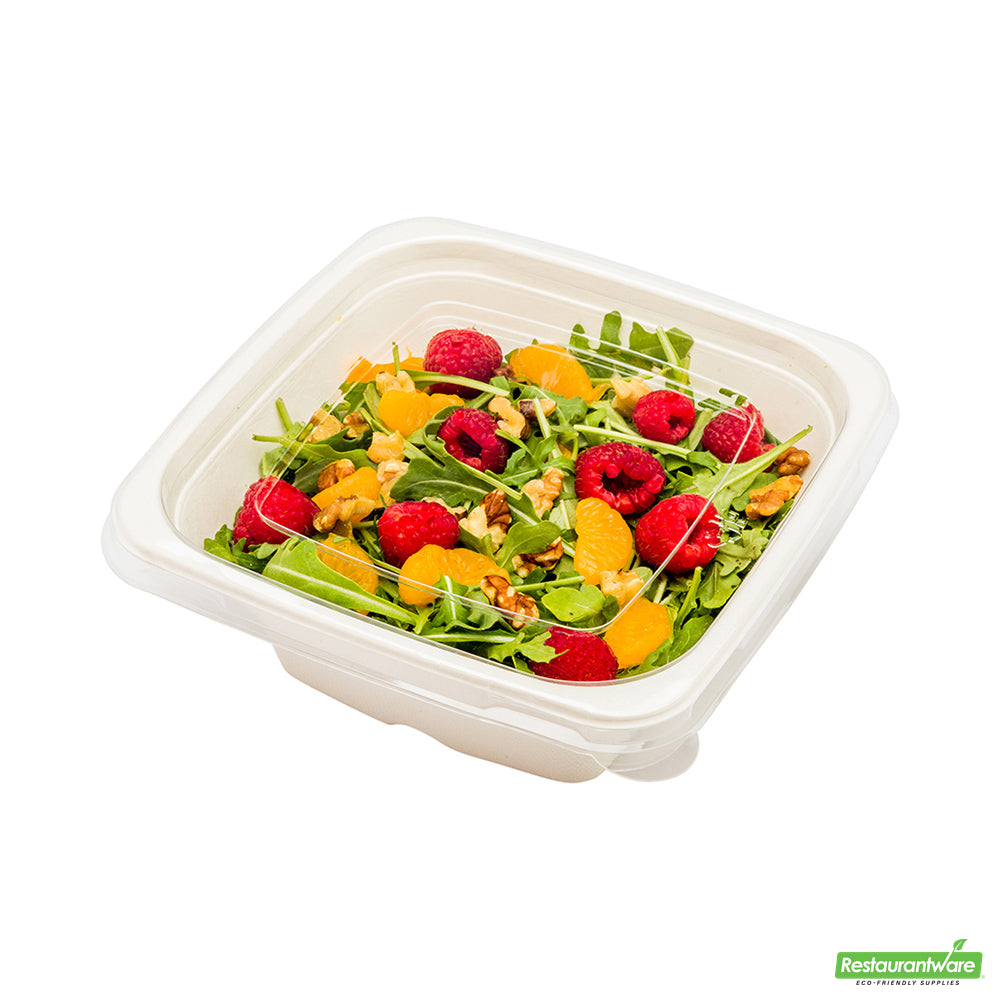 Wholesale Restaurantware Pulp Tek Square Clear Plastic Flat Lid - Fits 24, 32 and 42 oz Bagasse Tall Bowl- Bulk