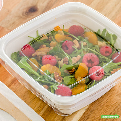 Wholesale Restaurantware Pulp Tek Square Clear Plastic Flat Lid - Fits 24, 32 and 42 oz Bagasse Tall Bowl- Bulk