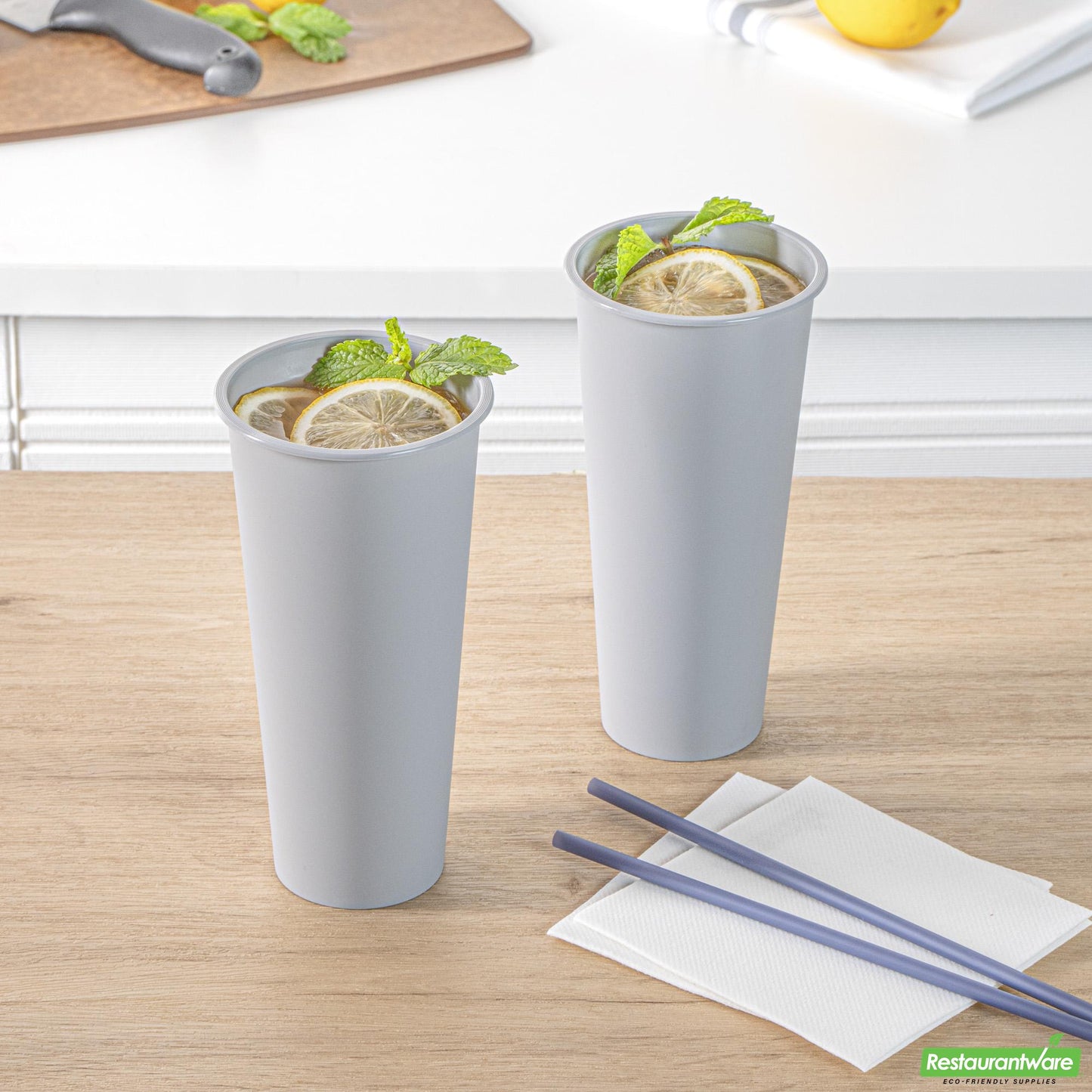 Wholesale Restaurantware 24 Oz Round Matte Gray Plastic Hot / Cold Drinking Cup - 3.5" X 3.5" X 7.0"- Bulk