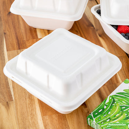 Wholesale Restaurantware Pulp Safe No PFAS Added Square White Sugarcane / Bagasse Serving Bowl Lid - Home Compostable, Fits 80 oz- Bulk
